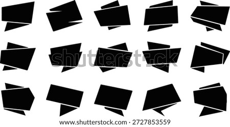 Collection of abstract geometric black banner shapes, including 15 unique vector silhouettes. Perfect for sales tags, promotional labels, speech bubbles, and text holders. These modern, origami-style elements are ideal for website headers, infographics, UI design, and marketing materials.