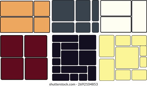 A collection of abstract geometric compositions featuring rounded rectangles and squares in various color palettes arranged in distinct layouts.