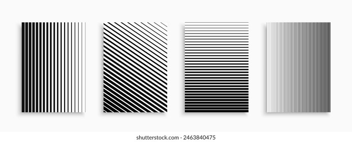 Collection of abstract geometric covers, templates, placards, brochures, banners, backgrounds and etc. Creative halftone striped modern posters, cards, catalogs. Black and white trendy minimal prints