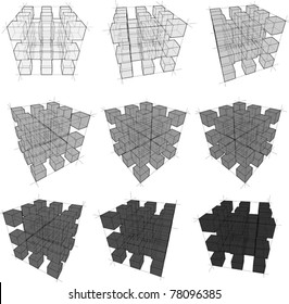 collection of abstract geometric design elements composed of cubes