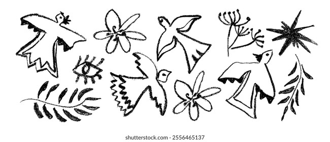 Collection with abstract geometric florwers and exotic birds. Natural organic flower plants shapes and birds.  Vector  illustration