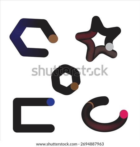 A collection of abstract geometric forms including a hexagon, star, circle, and C-shape. Each shape features a vibrant gradient color fill, offering a modern and dynamic visual element.