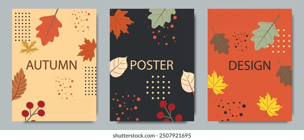 Colección de carteles abstractos geométricos minimalistas de otoño sobre fondo oscuro. Fondo moderno con hojas de otoño dibujadas a mano y bayas. Plantilla de Vector para la invitación, decoración de la pared, postal, cubierta