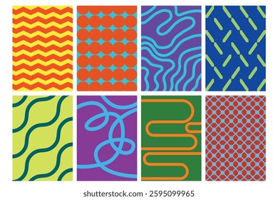 A collection of abstract geometric patterns with wavy, curvy, and grid-based designs.