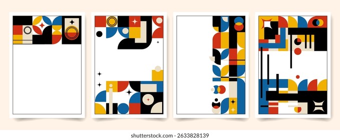 Collection of abstract geometric posters in Bauhaus inspired design using bold primary colors and modern shapes, ideal for creative branding, flyer templates, web design, art prints, packaging.Vector
