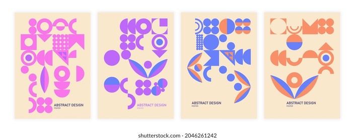 Collection of abstract geometric posters. Templates with circles, halves, leaves and labels. Design element for cover, postcard and social network. Cartoon flat vector set isolated on white background
