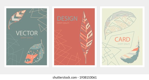 Collection of abstract geometric posters with tree leaves in spring colors. Design for print, postcards, wallpapers, covers, posters and social media. Vector illustration in the style of minimalism.