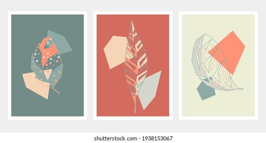 Collection of abstract geometric posters with tree leaves in spring colors. Design for print, postcards, wallpapers, covers, posters and social media. Vector illustration in the style of minimalism.