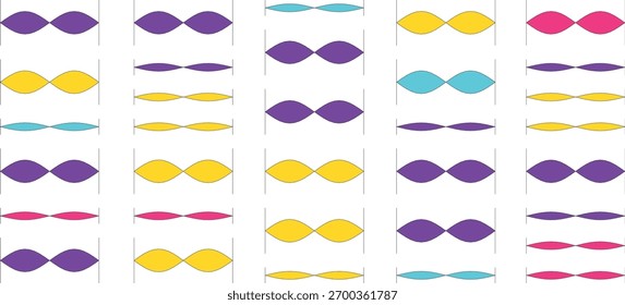 Uma coleção de formas geométricas abstratas organizadas em um padrão repetitivo. As formas são em várias cores, incluindo roxo, amarelo, ciano e rosa, definido contra um fundo branco limpo para um moderno