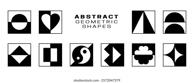 A collection of abstract geometric shapes in bold black and white. Ideal for modern graphic design projects, creating visual interest, and adding a touch of minimalism.