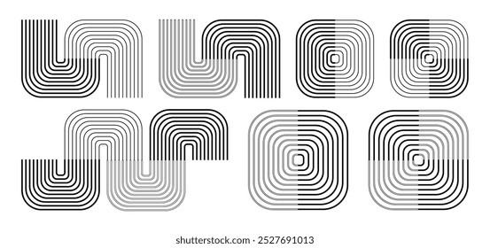 Colección de Formas geométricas abstractas compuestas de líneas concéntricas en diversas configuraciones. Formas curvas y cuadradas redondeadas con líneas delgadas y negritas. El diseño se puede utilizar para patrones o fondos