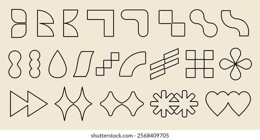 A collection of abstract geometric shapes, featuring lines, curves, and angles. These geometric shapes include stars, hearts, and arrows. Abstract and geometric design. Black shapes, vector set.
