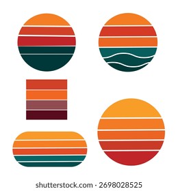 Uma coleção de formas geométricas abstratas com paletas de cores de pôr do sol retrô e padrões de faixas horizontais.