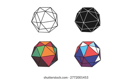 Collection of abstract geometric shapes featuring a wireframe sphere, a solid black sphere, and two colorful faceted spheres. Ideal for design elements, backgrounds, or concepts related to structure and complexity.