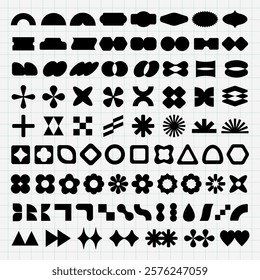 Collection of abstract geometric shapes. Geometric shapes include circles, triangles, and squares. Abstract shapes arranged in a grid. Geometric art design. Black shapes, vector element set.