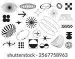 Collection of abstract geometric shapes. Includes circles, arrows, stars, and grids. Black and white abstract designs, geometric patterns, and shapes. Cool geometric shapes, element set. Vectors.