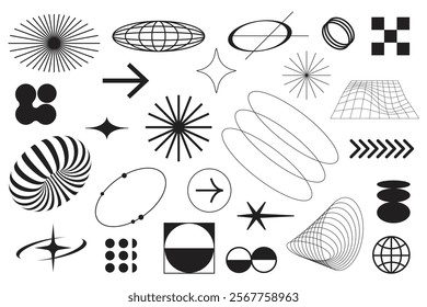 Collection of abstract geometric shapes. Includes circles, arrows, stars, and grids. Black and white abstract designs, geometric patterns, and shapes. Cool geometric shapes, element set. Vectors.