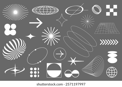 A collection of abstract geometric shapes, including circles, arrows, and stars. Geometric designs with lines and curves on a gray background. Abstract and geometric. Cool geometric shapes,s. Vectors.