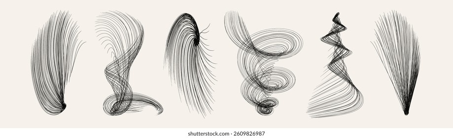 Collection of abstract geometric shapes and lines brushes. Pattern grunge texture wavy stripes shapes. Isolated vector set.
