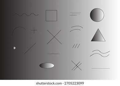 Uma coleção de formas geométricas abstratas e linhas renderizadas em um gradiente em tons de cinza, criando uma estética minimalista e moderna.