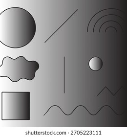 Una colección de Formas geométricas abstractas y líneas en escala de grises, dispuestas contra un fondo degradado, evocando un diseño minimalista.