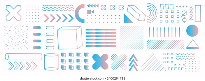 A collection of abstract geometric shapes. Memphis design, retro bauhaus elements. Blue and pink gradation. For web, advertising, banners,business. Et