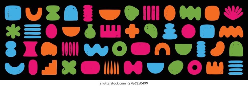 Collection of abstract geometric shapes, modern trendy vector elements, hand drawn organic forms, colorful doodle icons for design, isolated on black background