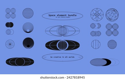 Collection of abstract geometric space-themed elements on blue background with text overlays. Modern aesthetics, minimalist art. Vector design for creative cover, poster and ad