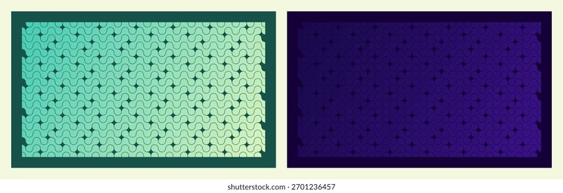 Collection of abstract geometric star patterns with gradient backgrounds. Modern seamless designs in green or teal and purple, perfect for technology, business, or elegant digital designs