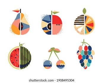 Sammlung abstrakter geometrischer Sommerkulturen, Vektorgrafik. Set von leckeren, leckeren reife saftige tropische Früchte, ganz und geschnitten - Birne, Apfel, Zitrone, Wassermelone, Kirschen, Weintrauben. Schwimmendruck