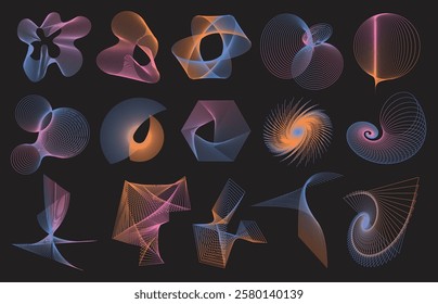 Collection of abstract geometric wireframe shapes. Colorful modern brutal forms and figures on black background. Y2k design aesthetic. Decorative design elements. Vector illustration.