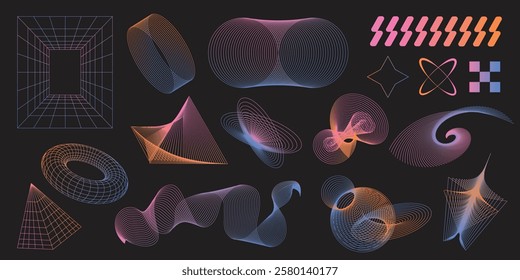 Collection of abstract geometric wireframe shapes. Colorful modern brutal forms and figures on black background. Y2k design aesthetic. Decorative design elements. Vector illustration.