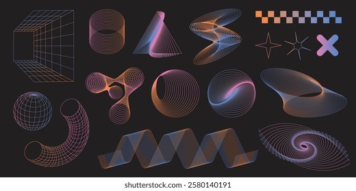 Collection of abstract geometric wireframe shapes. Colorful modern brutal forms and figures on black background. Y2k design aesthetic. Decorative design elements. Vector illustration.