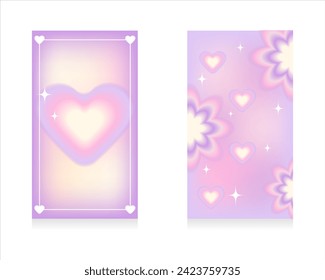 Collection of abstract gradient backgrounds. Soft blurred template with y2k heart, flowers for social media stories. Glamorous aesthetics of the year 2000. Pastel shades. Vector illustration.