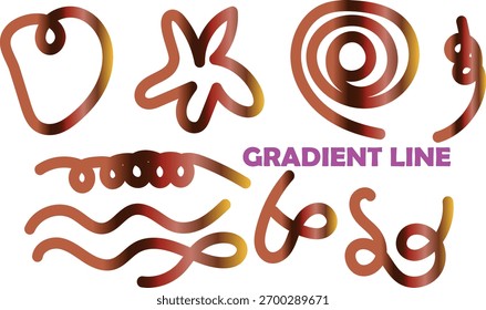 Eine Sammlung abstrakter Linien-Kunstformen mit Farbverlauf, darunter ein Herz, eine Blume, eine Spirale und gewellte Linien, einzeln auf weißem Hintergrund.