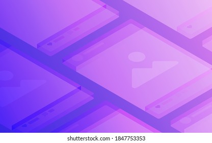 A collection of abstract gradient social network posts in isometry. Popular social media application for sharing images and videos. Background. Vector illustration.