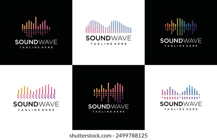 Collection of abstract gradient sound wave logo templates, sound wave icon elements, audio music symbols.	