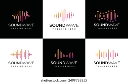 Collection of abstract gradient sound wave logo templates, sound wave icon elements, audio music symbols.	