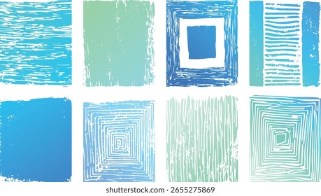 Collection of abstract graphic designs featuring blue and green gradients with textured brush strokes and linear patterns.