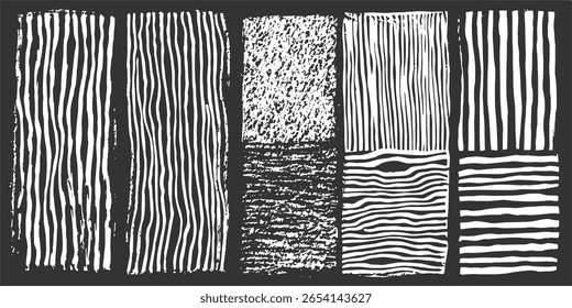 A collection of abstract graphic elements featuring white lines and textured shapes on a black background.