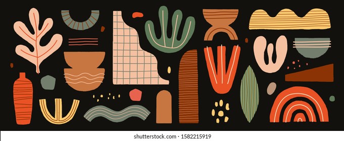 Collection of abstract graphic forms on a dark background. Minimalist elements in the style of modern art. Universal vector illustration for your design in a flat style.