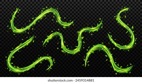 Collection abstract green spring wind swirls with flying leaves and sparkles with glow neon effect isolated on transparent background.