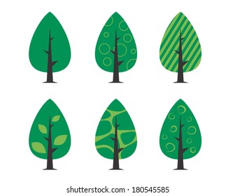 Collection of abstract green tree icon designs with simple illustrations on them.