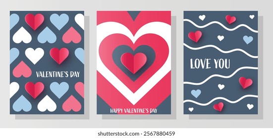 Collection of abstract greeting cards with paper cut heart. Modern design for Valentine’s Day. Vector illustration