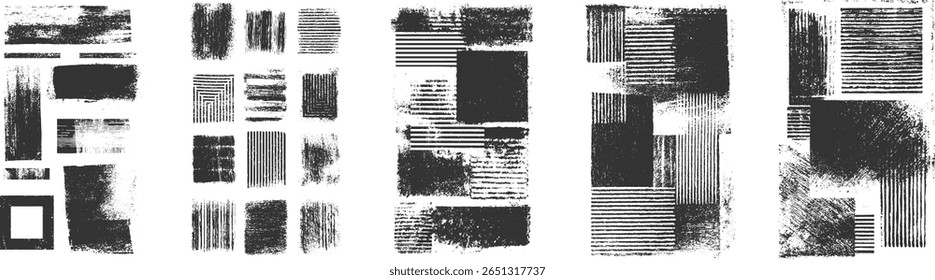 Colección de texturas abstractas grunge con pinceladas afligidas y patrones a rayas en blanco y negro.