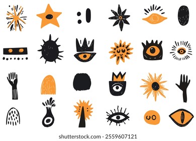 Collection of abstract grungy punk linocut shapes with eyes, suns, and hands. Charcoal marker scribble elements, geometric shapes, eye, crown, star, flower. Crayon pencil lino doodles