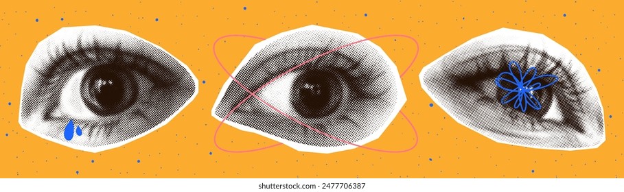 Collection of abstract halftone female eyes with doodle elements. Tears, oval, doodles. Halftone texture of eyes for modern poster design, collages, social media. Vector	
