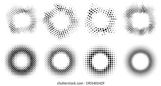 Collection of abstract halftone frames. Round elements for graphic design. Retro circles from dots. Vector illustration. EPS 10.