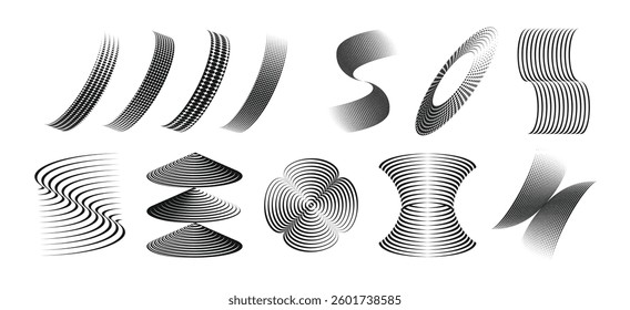 A collection of abstract halftone and line art designs, abstract halftone and optical elements – black and white vector illustration.