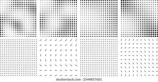 A collection of abstract halftone and line patterns with various distortions, featuring dots and dashed lines arranged in warped grids. Perfect for graphic design and backgrounds.